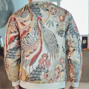 Embroidered Crane Floral Bomber Jacket